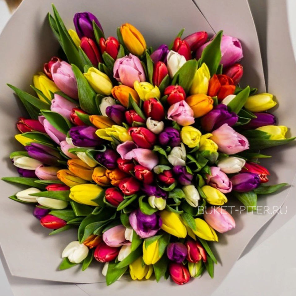Букет Разноцветных Тюльпанов в Матовой Упаковке LUX